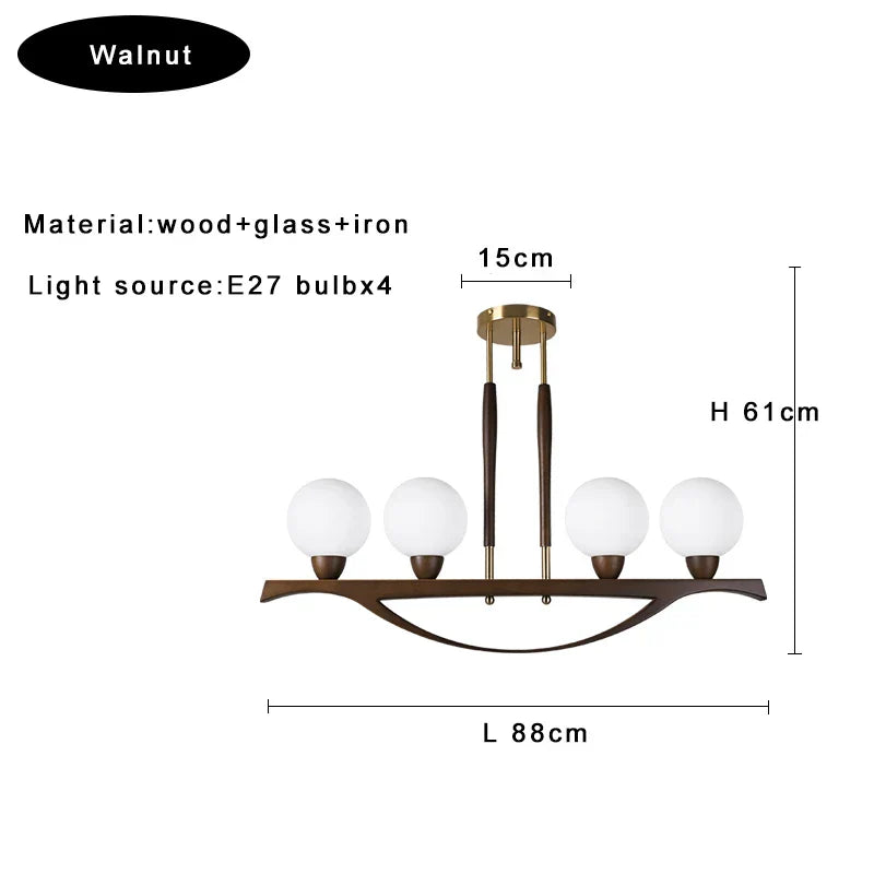White Glass Ball Chandelier Dimmable Wooden Modern Dining Room Light