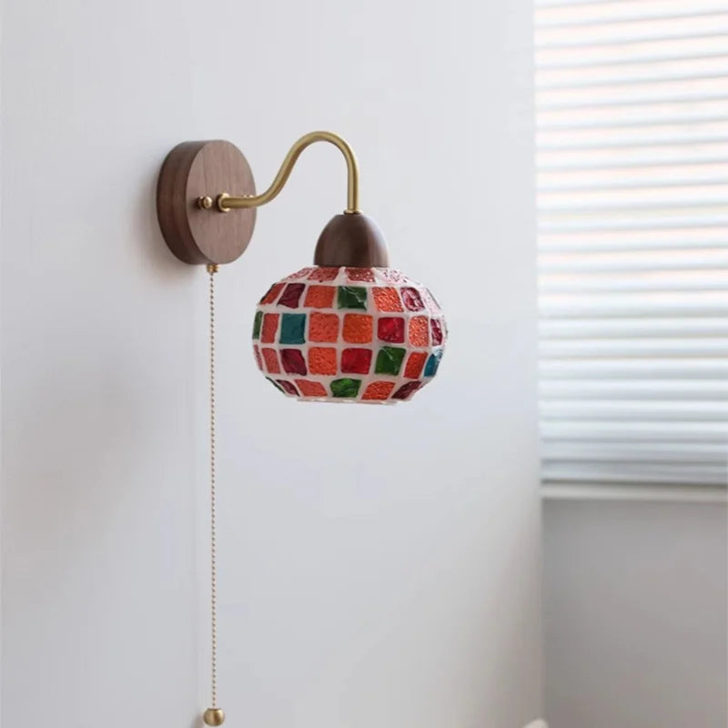 Tiffany Style LED Wall Sconce Walnut Wood Glass Stair Light.