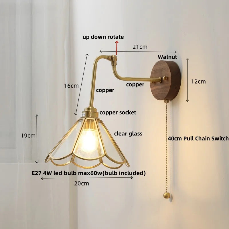 Rotating Copper LED Wall Light with Pull Chain Switch and Walnut Base