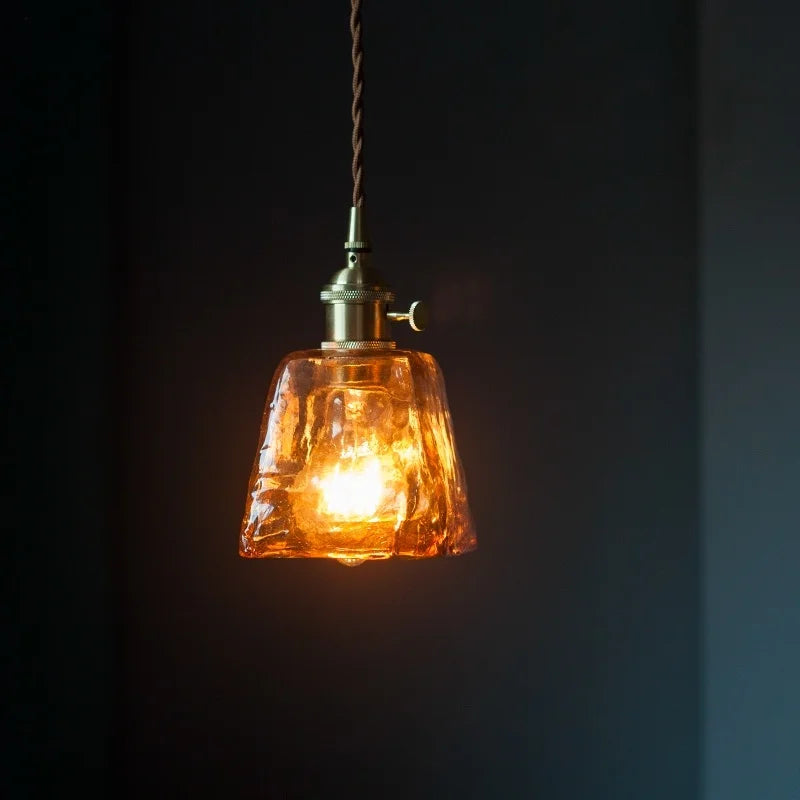 Brass Amber Glass LED Pendant Light for Restaurant Bedside Kitchen Loft Bar