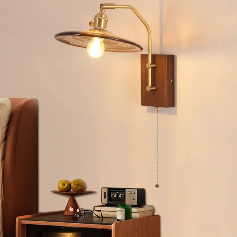 Walnut Wood LED Wall Light Glass Pull Chain Switch Nordic Modern Bedroom Lamp