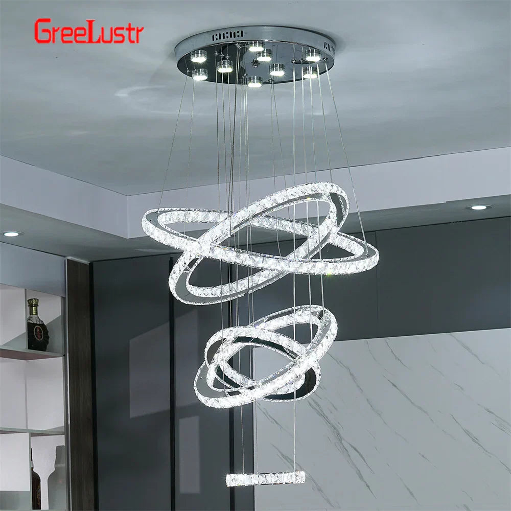 Crystal Chrome LED Pendant Light Rings Chandelier for Living Room Bedroom