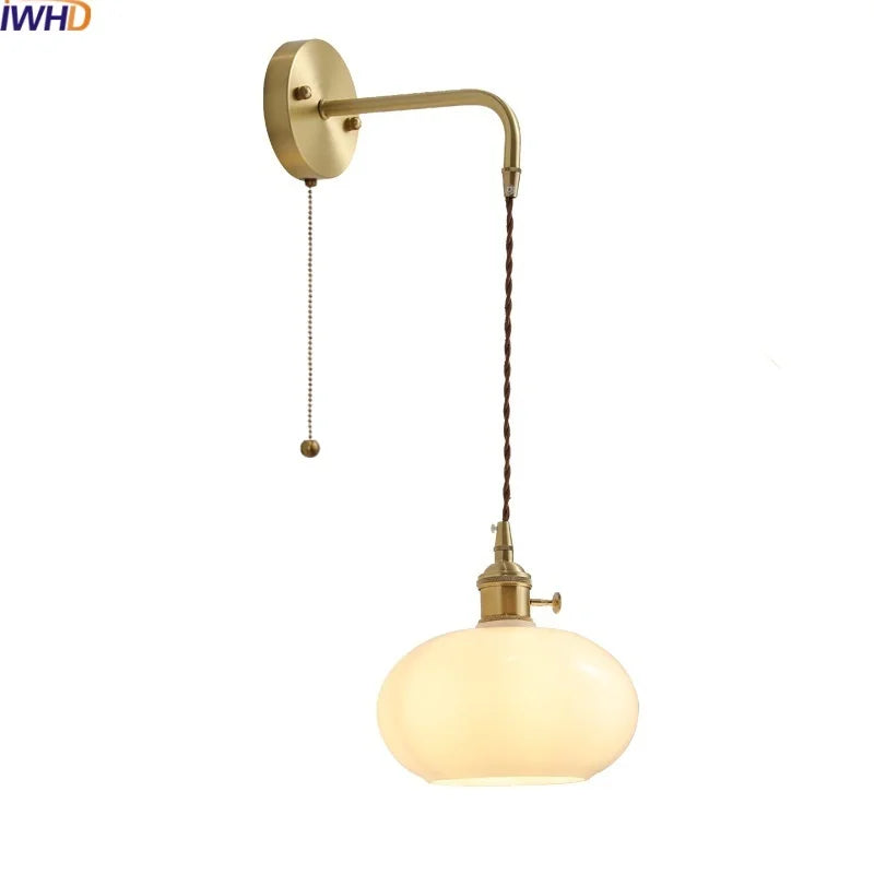 Glass Copper LED Wall Lights with Knob Switch, Modern Bedside Lamp