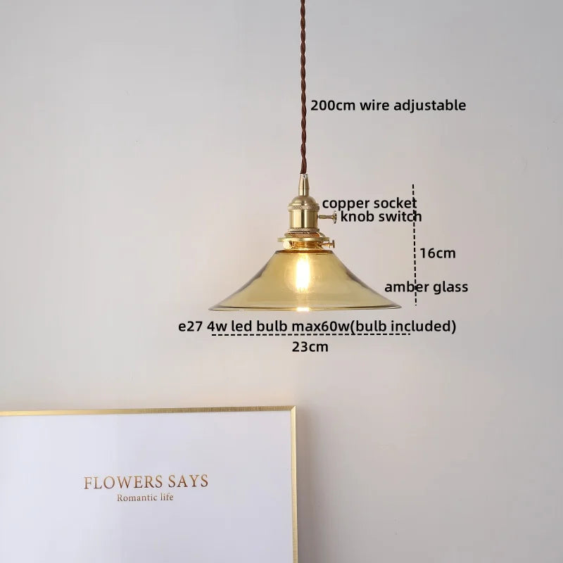 Amber Glass LED Pendant Light - Nordic Modern Copper Suspension Luminaire for Home