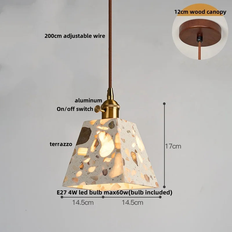Afralia™ Minimalism LED Pendant Light Fixture Terrazzo Marble Stone Wood Hanging Lamp
