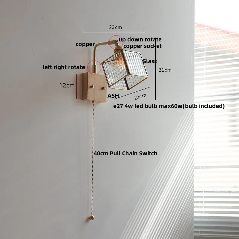 Walnut LED Wall Sconce, Vintage Glass Cube Stair Light Fixture
