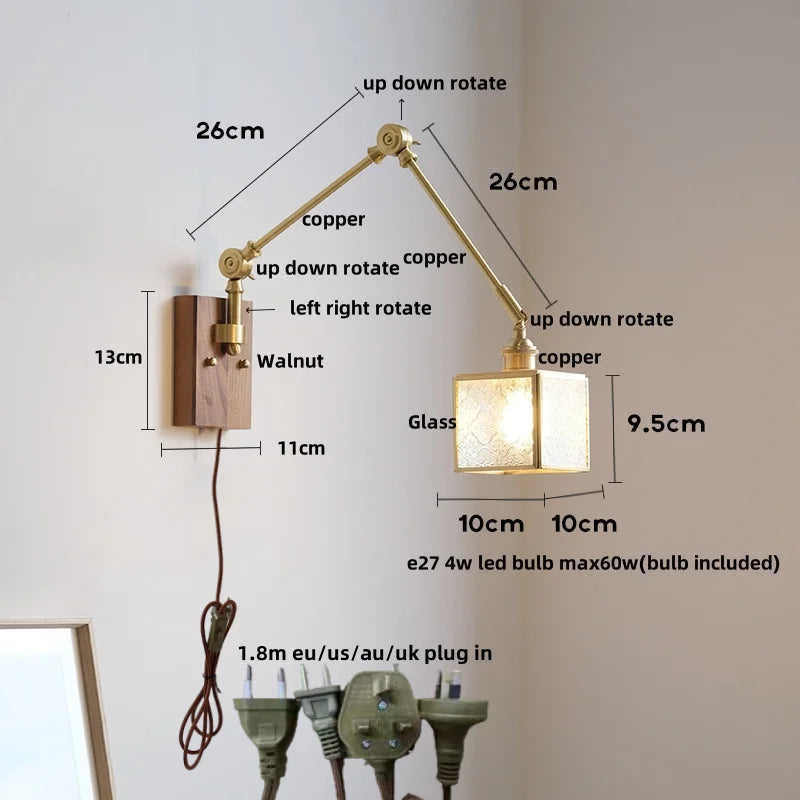 Cube Glass LED Wall Sconce Walnut Wood Rotatable Mirror Light