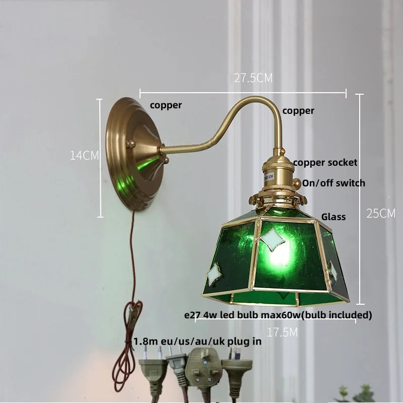 Green Glass LED Wall Sconce Copper Knob Switch Vintage Loft Stair Light