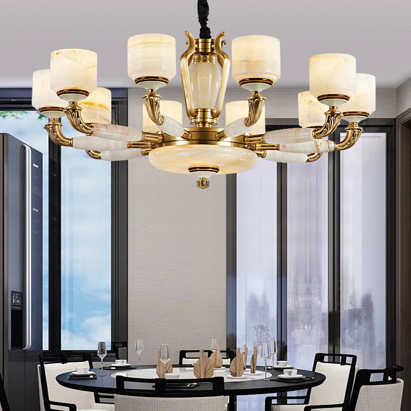 Zinc Alloy European Chandelier with Natural Jade Accent for Villa Living Room