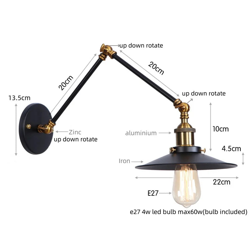 Black Iron LED Wall Light Fixture Industrial Vintage Adjustable Long Arm