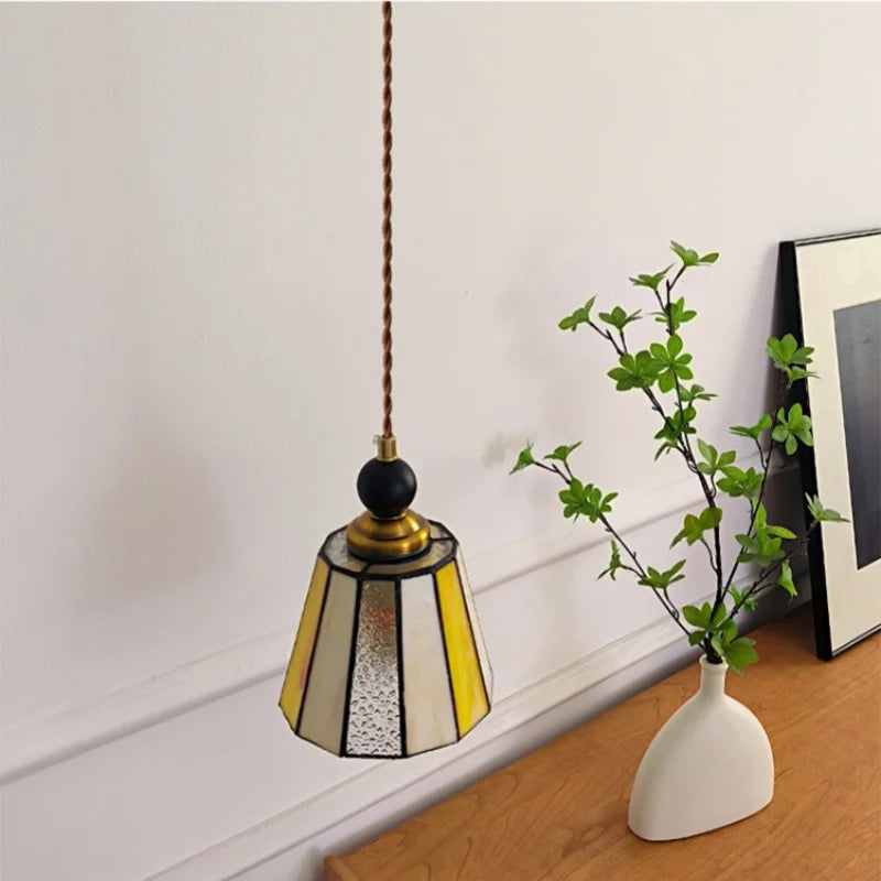 Tiffany Glass LED Pendant Lights: Modern Nordic Copper Wood Hanging Lamp