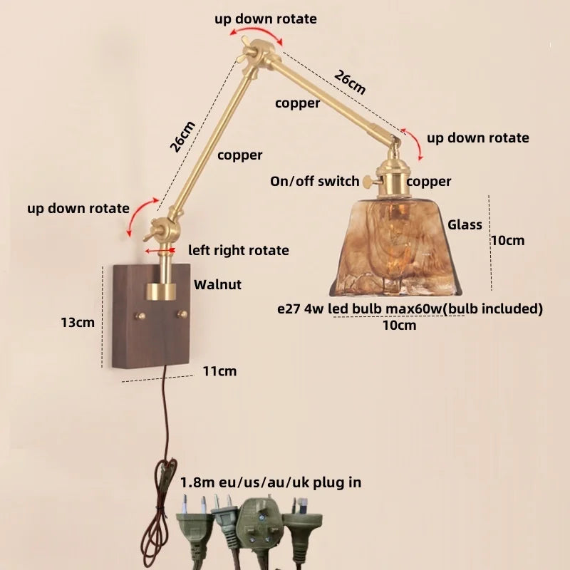 Wood LED Wall Light with Pull Chain Switch & Rotatable Amber Glass