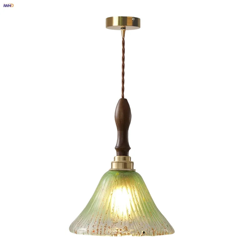 LED Wood Walnut & Green Glass Pendant Light - Nordic Modern Style