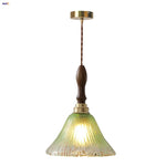 LED Wood Walnut & Green Glass Pendant Light - Nordic Modern Style