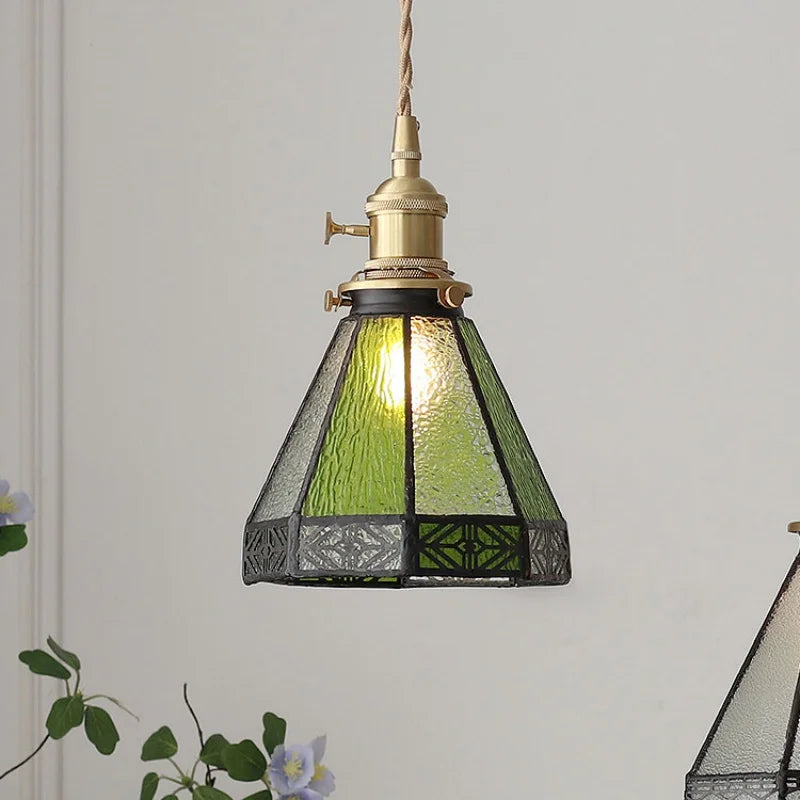 Loft Green Tiffany Glass LED Pendant Lights with Copper Knob Switch