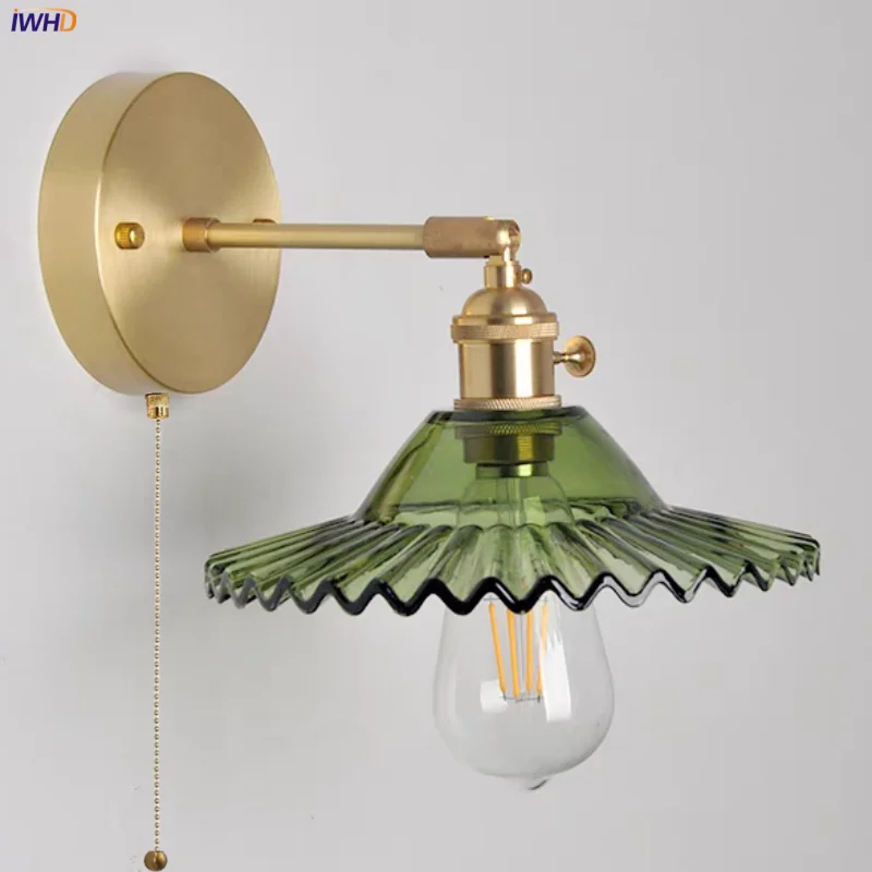 Vintage Green Glass LED Wall Light with Pull Chain Switch