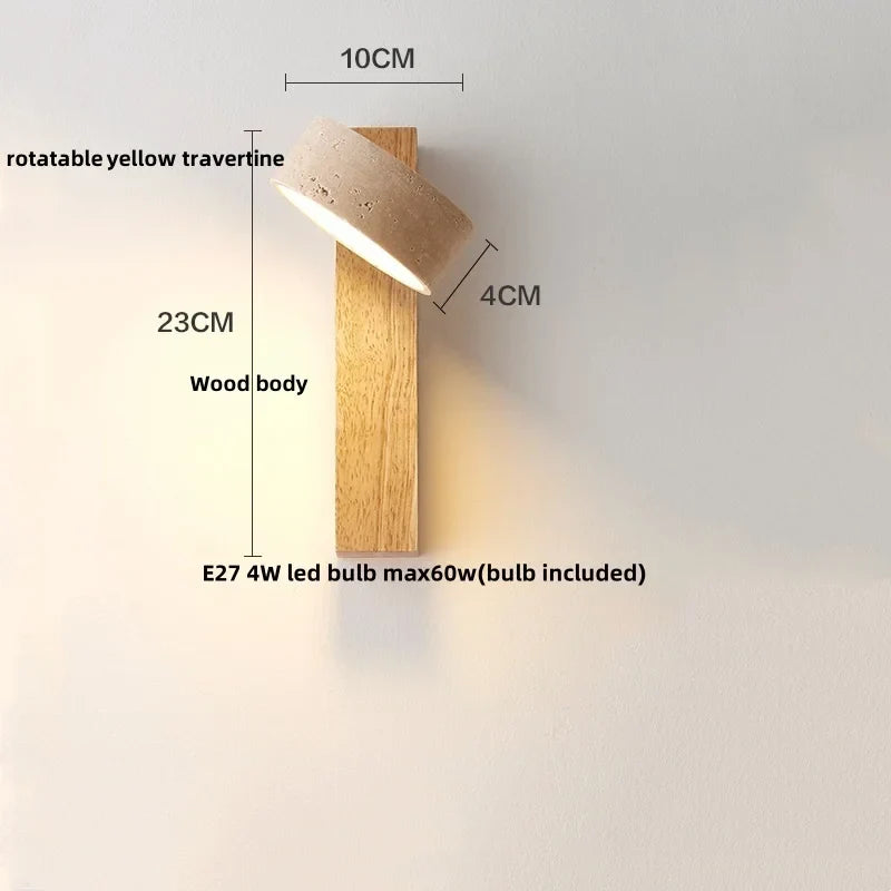 Yellow Travertine Wood Canopy LED Wall Light, Japan Style Bedside Lamp