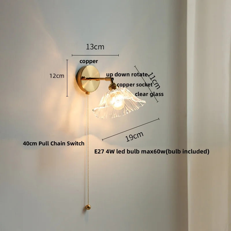 White Glass Copper LED Wall Sconce with Pull Chain Switch
