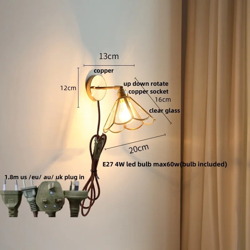 Copper LED Wall Lights with Glass Shade & Pull Chain Switch