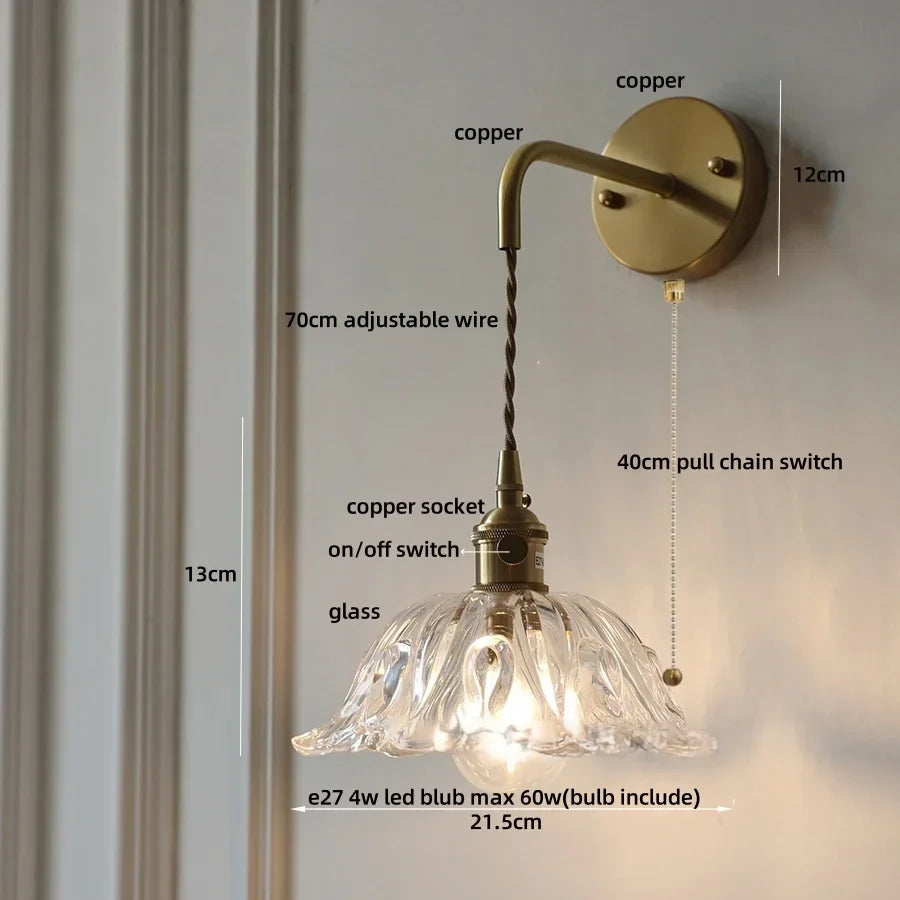 Glass & Copper Green Flower LED Wall Sconce with Pull Chain