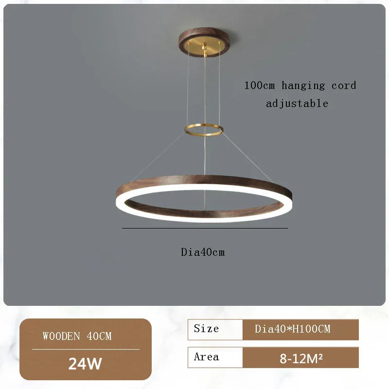Wood Grain Chandelier: Minimalist Round LED Hanging Light Fixture for Home Decor