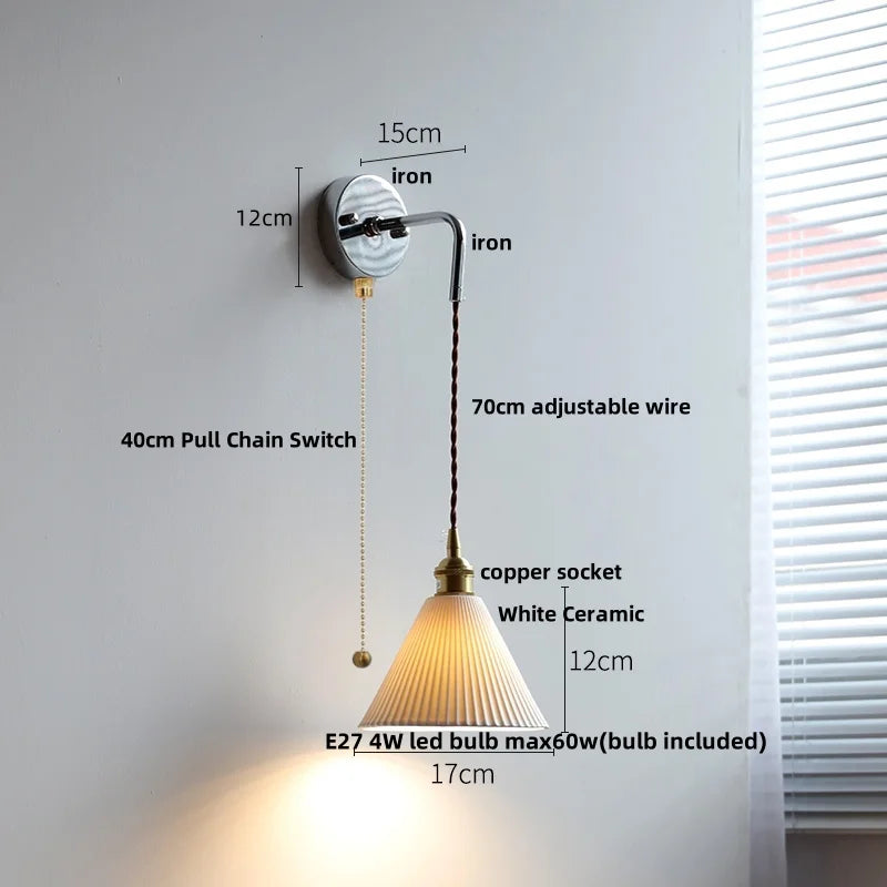 Ceramic LED Wall Sconce Pull Chain Switch Bedside Lamp White Nordic Modern Fixtures