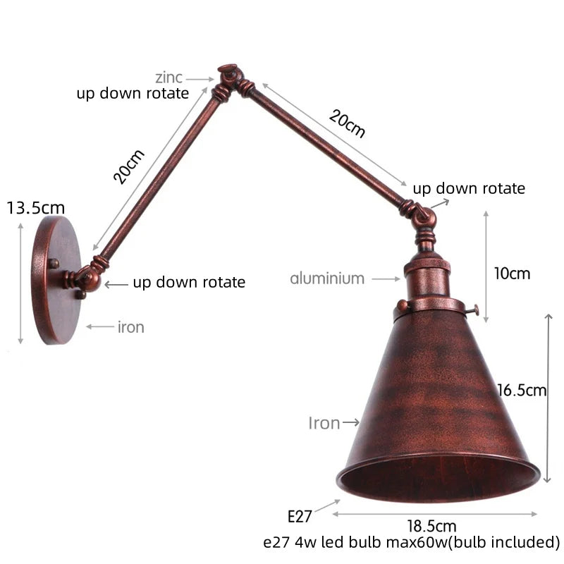 Vintage Iron Gold LED Wall Lamp with Long Arm and Pull Chain Switch