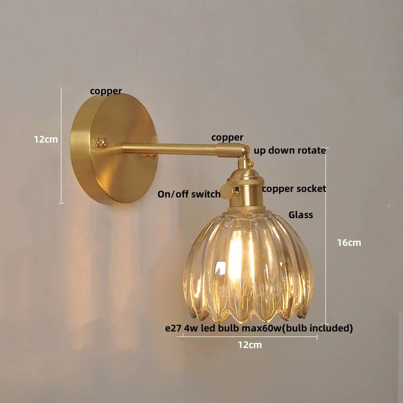 Vintage Glass Wall Sconce - LED Pull Chain Switch Up Down Rotate Wall Lamp