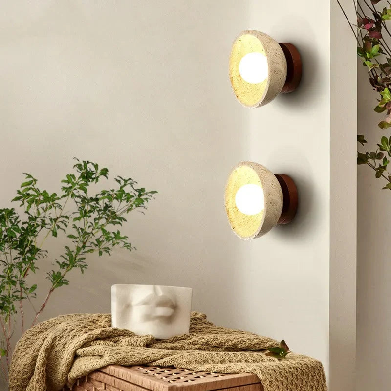 LED Wall Light Travertine Base Modern Nordic Pull Chain Bedside Lamp