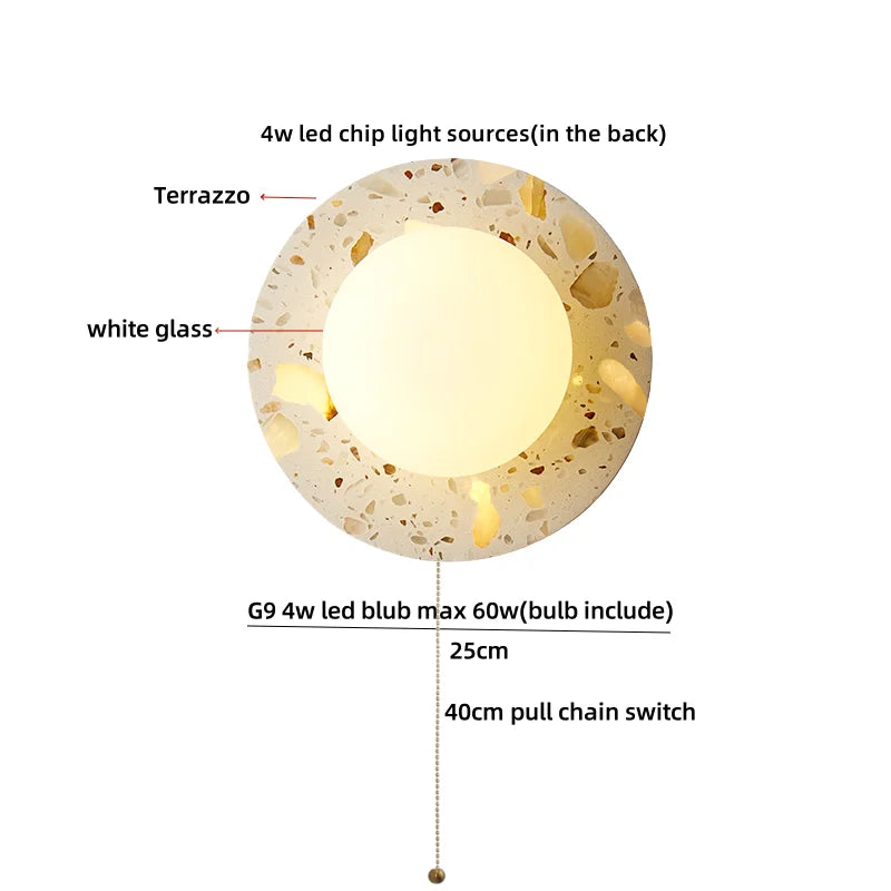 Terrazzo Stone Glass LED Wall Light Fixture with Pull Chain Switch