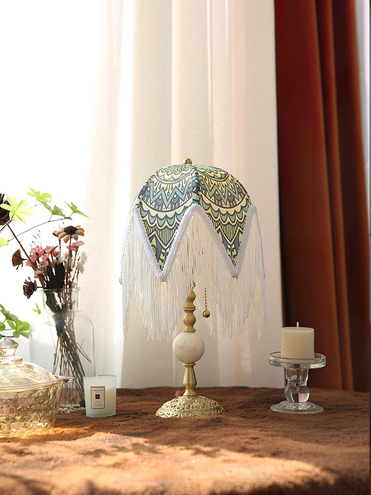 With Fringes Vintage Flowered Table Lamp 8.7"