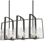 Arc Natural Iron Linear Pendant With White Swirl Glass