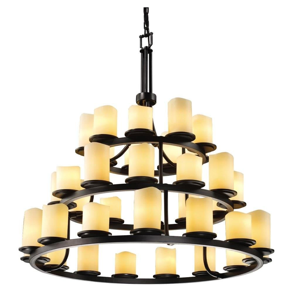 Justice Design - CNDL-8712-14-CREM-MBLK - CandleAria Dakota - 36 Light 3-Tier Ring Chandelier with Cream Cylinder Melted Rim Faux Candle Shades