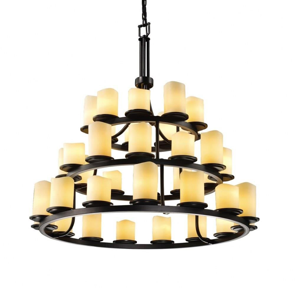 Justice Design - CNDL-8712-14-CREM-MBLK - CandleAria Dakota - 36 Light 3-Tier Ring Chandelier with Cream Cylinder Melted Rim Faux Candle Shades