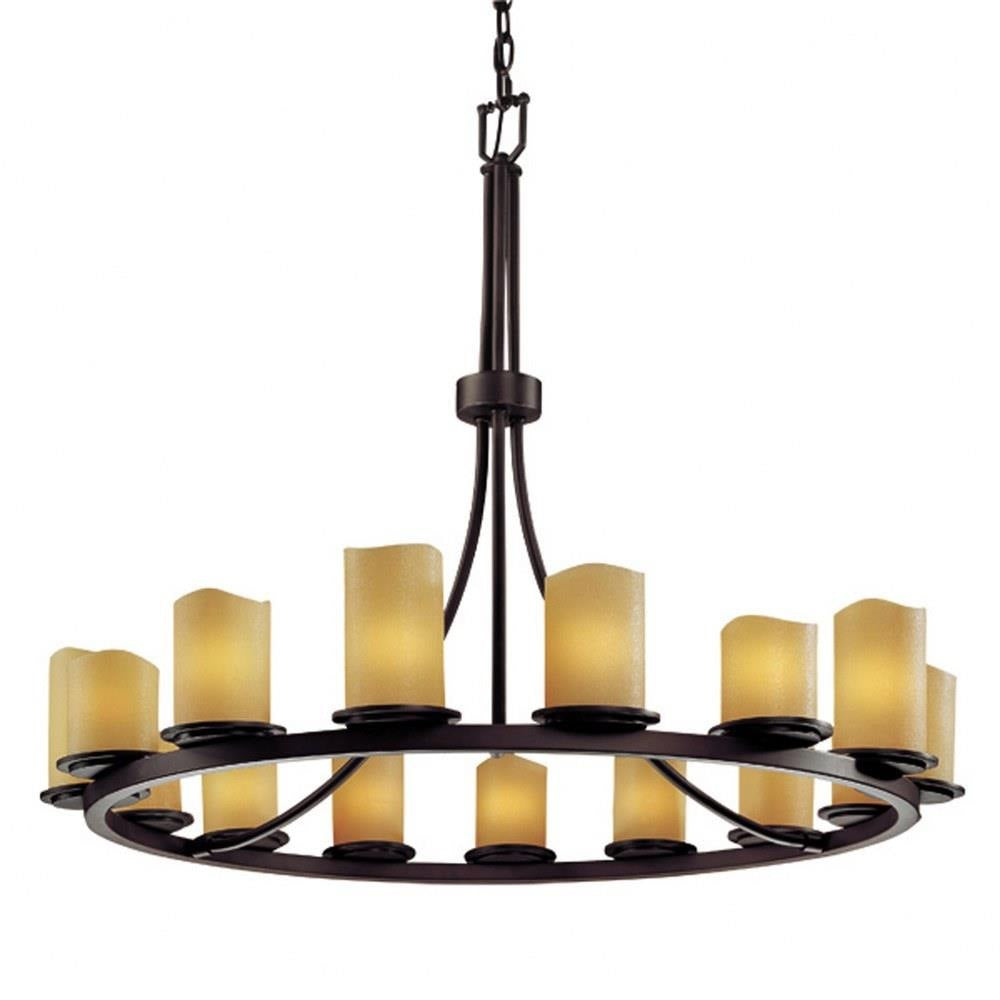 Justice Design - CNDL-8715-14-AMBR-DBRZ - CandleAria Dakota - 15 Light Ring Chandelier with Amber Cylinder Melted Rim Faux Candle Shades