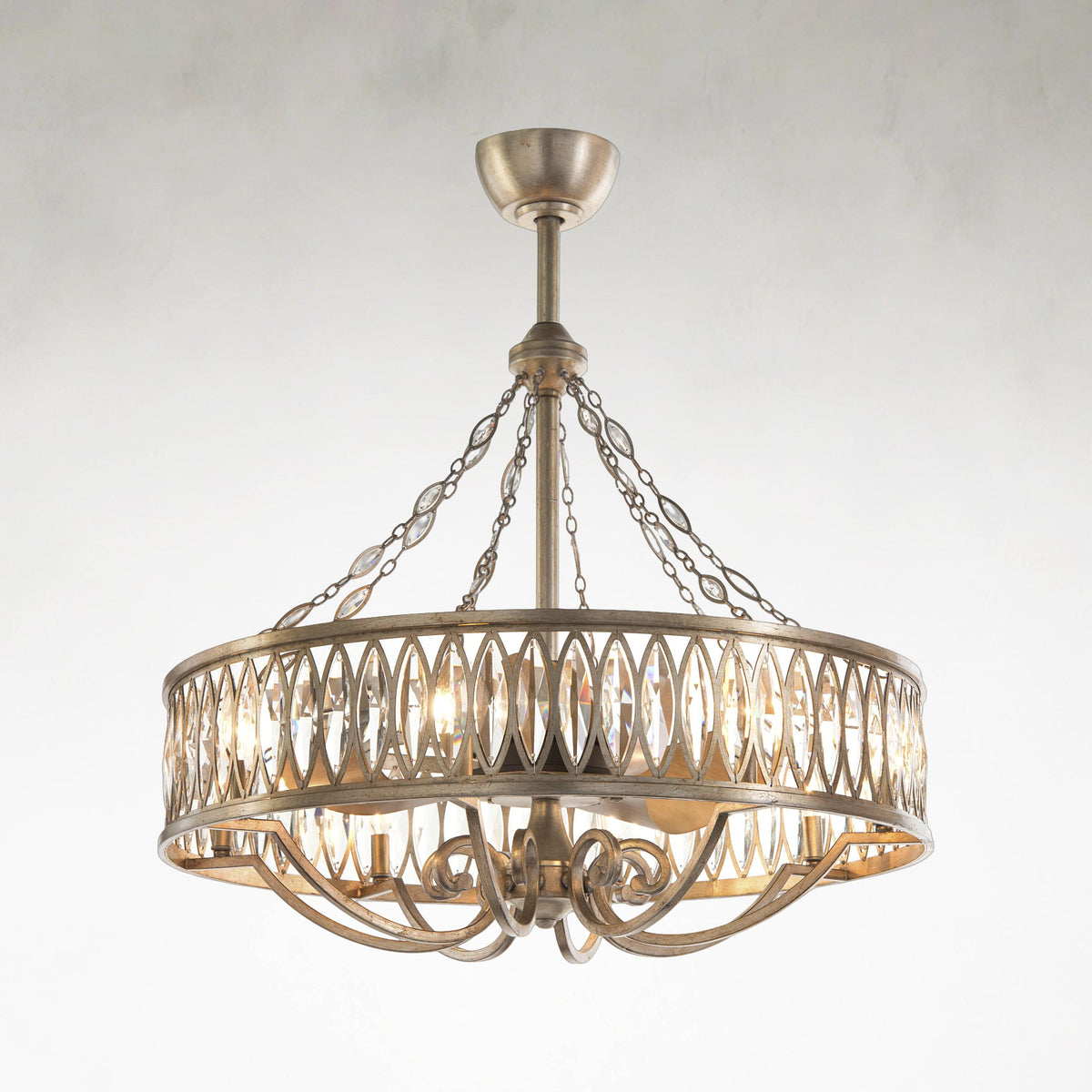 Marquises Crystal 8-Light 33-Inch Antique Silver Ceiling Pendant Light with Fan