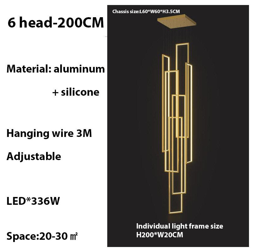 Lavagna | Ultramodern Rectangle Hanging LED Chandelier, Gold, 6 Lights (H196.9"), Cool Light, Non-Dimmable