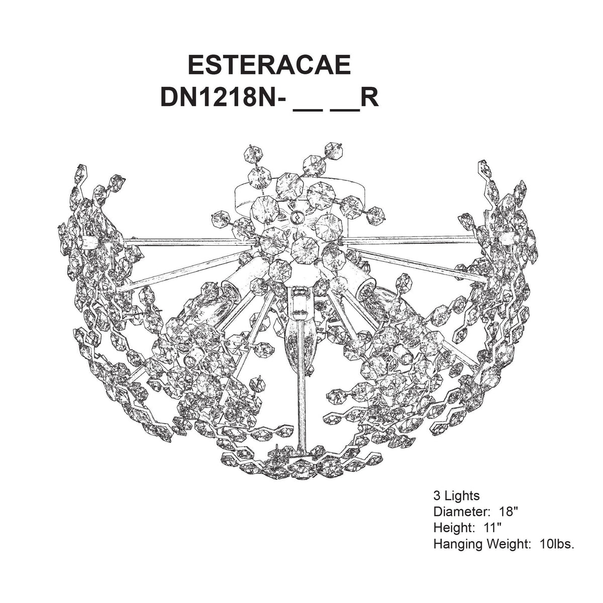 Esteracae 11"H x 18"W 3-Light Crystal Semi-Flush Mount in Antique