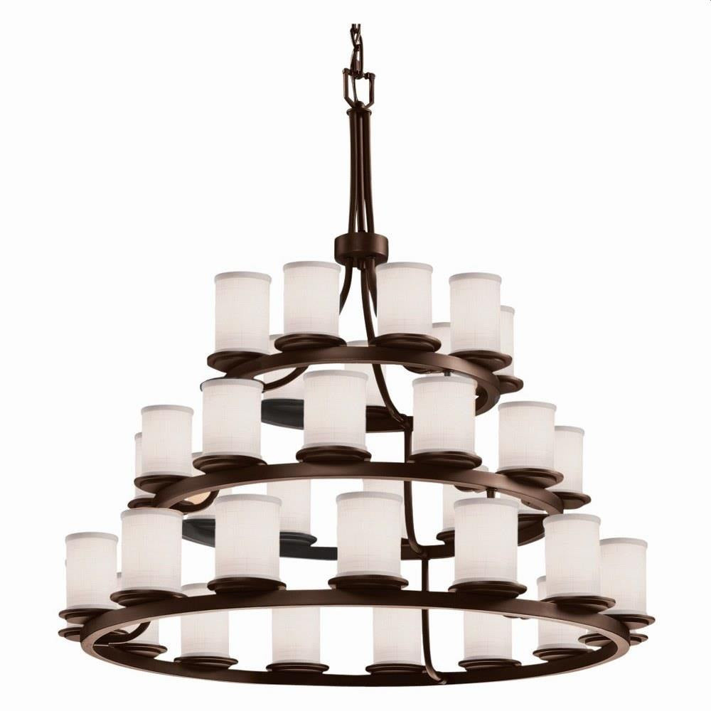 Justice Design - FAB-8712-10-WHTE-MBLK-LED36-25200 - Textile Dakota - 36 Light 3-Tier Ring Chandelier with Cylinder Flat Rim White Woven Fabric Shade