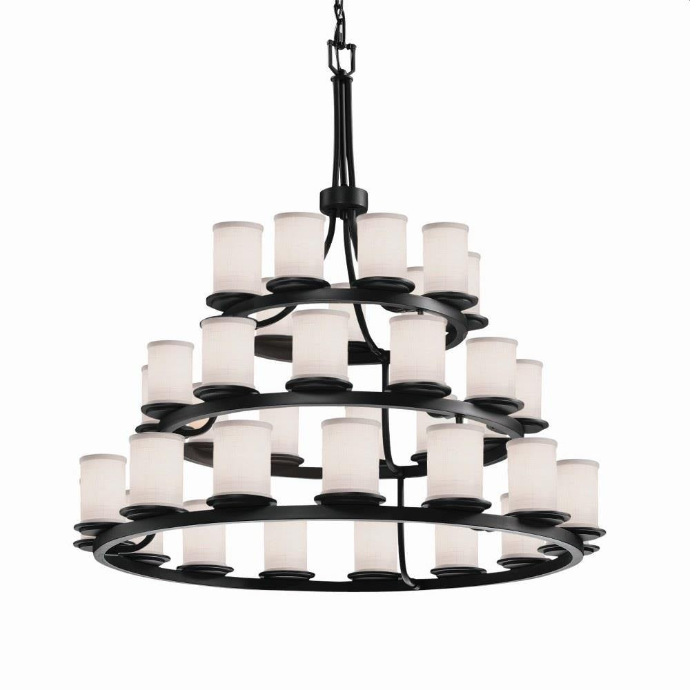 Justice Design - FAB-8712-10-WHTE-MBLK-LED36-25200 - Textile Dakota - 36 Light 3-Tier Ring Chandelier with Cylinder Flat Rim White Woven Fabric Shade