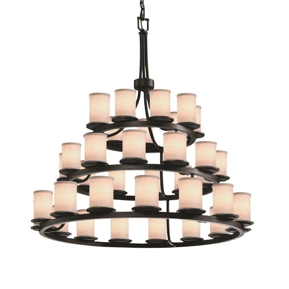 Justice Design - FAB-8712-10-WHTE-MBLK-LED36-25200 - Textile Dakota - 36 Light 3-Tier Ring Chandelier with Cylinder Flat Rim White Woven Fabric Shade