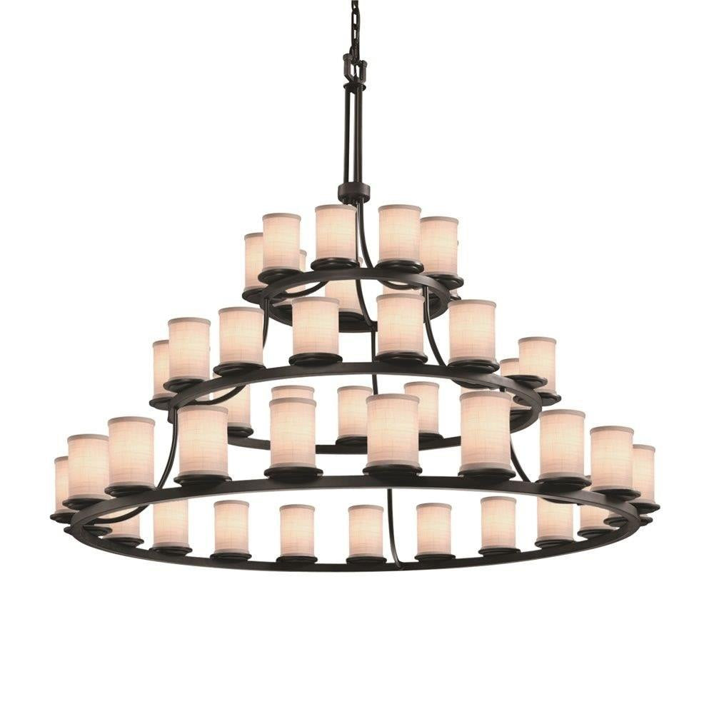 Justice Design - FAB-8714-10-WHTE-MBLK-LED45-31500 - Textile Dakota - 45 Light 3-Tier Ring Chandelier with Cylinder Flat Rim White Woven Fabric Shade