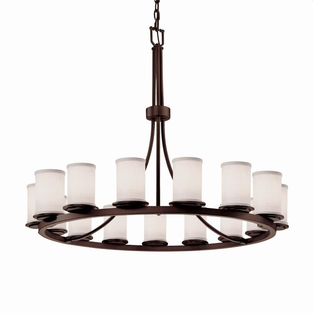 Justice Design - FAB-8715-10-WHTE-MBLK-LED15-10500 - Textile Dakota - 15 Light Ring Chandelier with Cylinder Flat Rim White Woven Fabric Shade