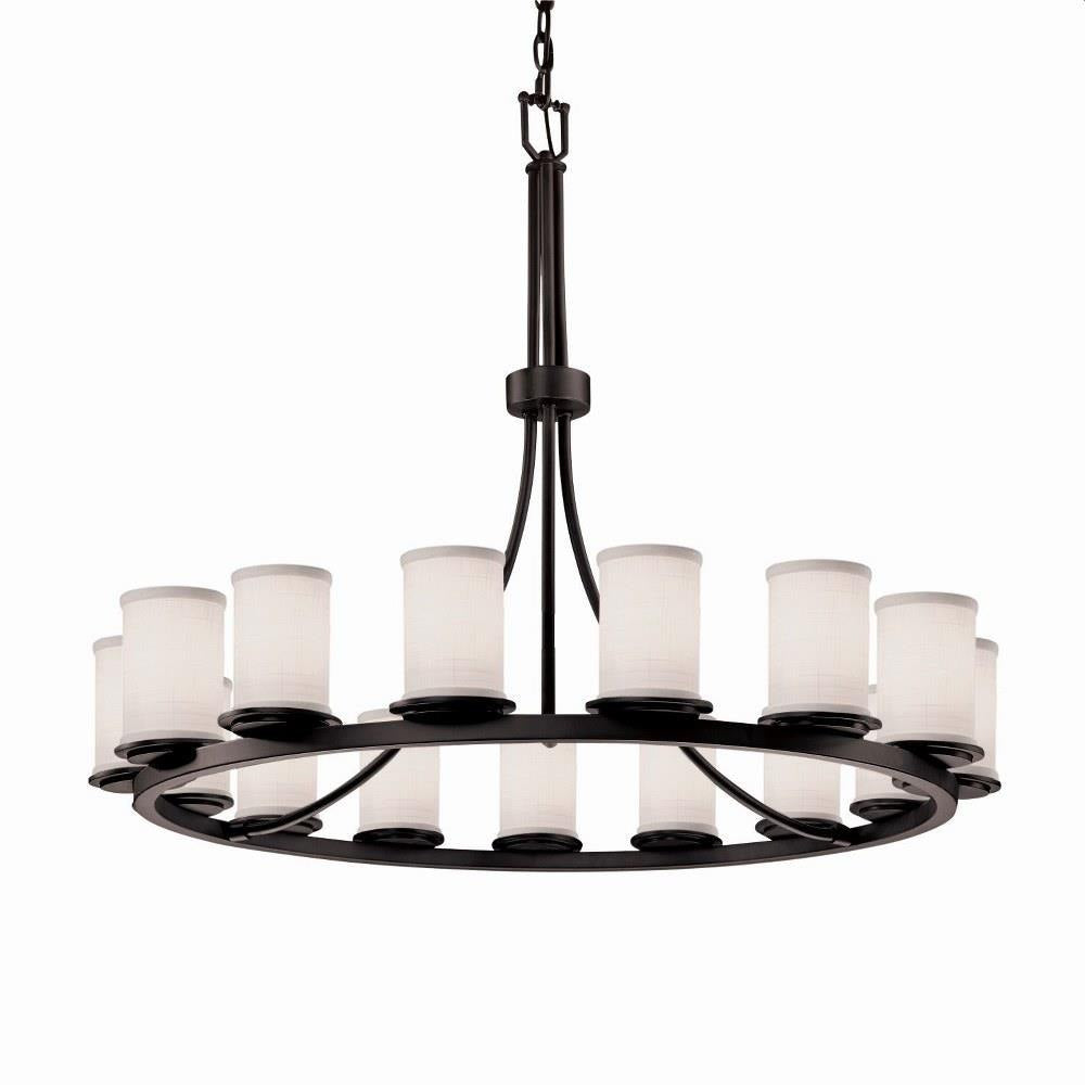 Justice Design - FAB-8715-10-WHTE-MBLK-LED15-10500 - Textile Dakota - 15 Light Ring Chandelier with Cylinder Flat Rim White Woven Fabric Shade
