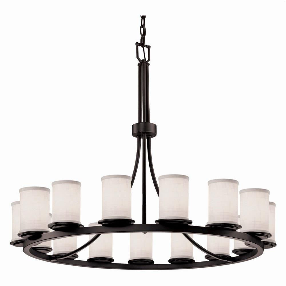 Justice Design - FAB-8715-10-WHTE-MBLK-LED15-10500 - Textile Dakota - 15 Light Ring Chandelier with Cylinder Flat Rim White Woven Fabric Shade