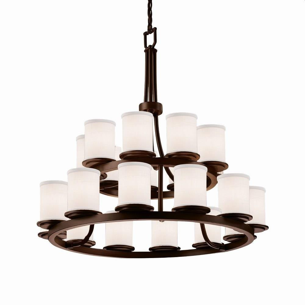 Justice Design - FAB-8767-10-WHTE-DBRZ - Textile Dakota - 21 Light 2-Tier Ring Chandelier with Cylinder Flat Rim White Woven Fabric Shade
