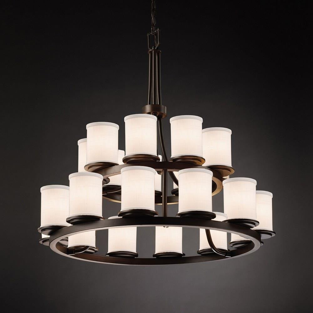 Justice Design - FAB-8767-10-WHTE-DBRZ - Textile Dakota - 21 Light 2-Tier Ring Chandelier with Cylinder Flat Rim White Woven Fabric Shade