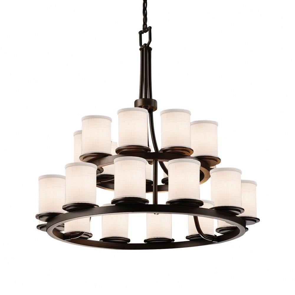 Justice Design - FAB-8767-10-WHTE-DBRZ - Textile Dakota - 21 Light 2-Tier Ring Chandelier with Cylinder Flat Rim White Woven Fabric Shade