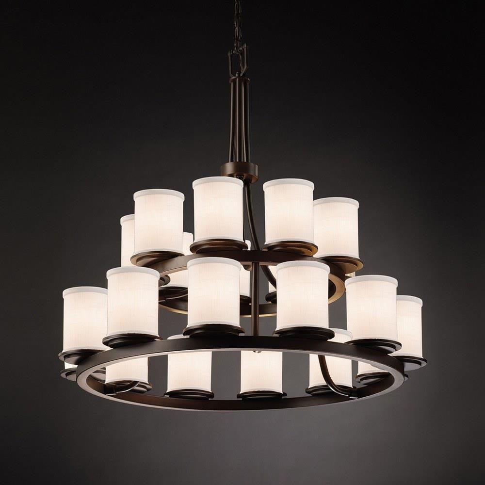 Justice Design - FAB-8767-10-WHTE-DBRZ - Textile Dakota - 21 Light 2-Tier Ring Chandelier with Cylinder Flat Rim White Woven Fabric Shade
