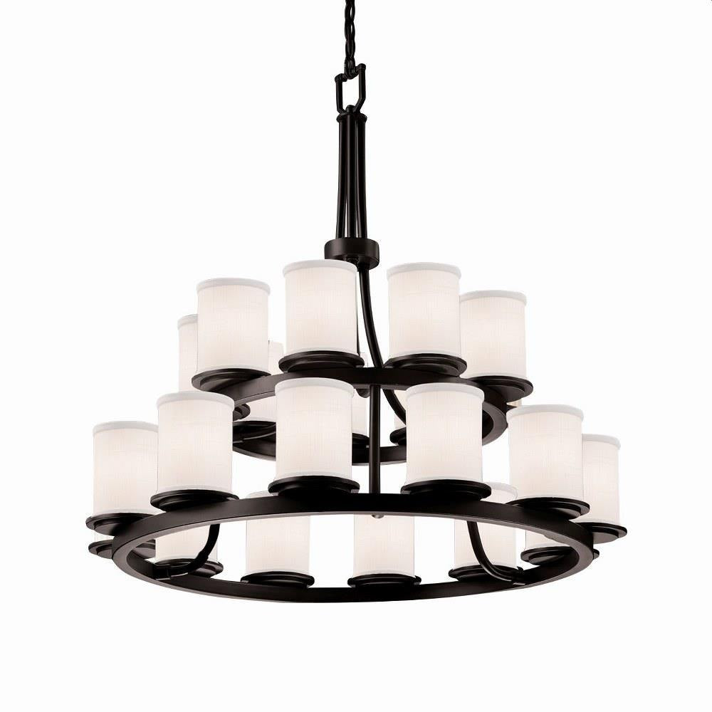Justice Design - FAB-8767-10-WHTE-DBRZ - Textile Dakota - 21 Light 2-Tier Ring Chandelier with Cylinder Flat Rim White Woven Fabric Shade